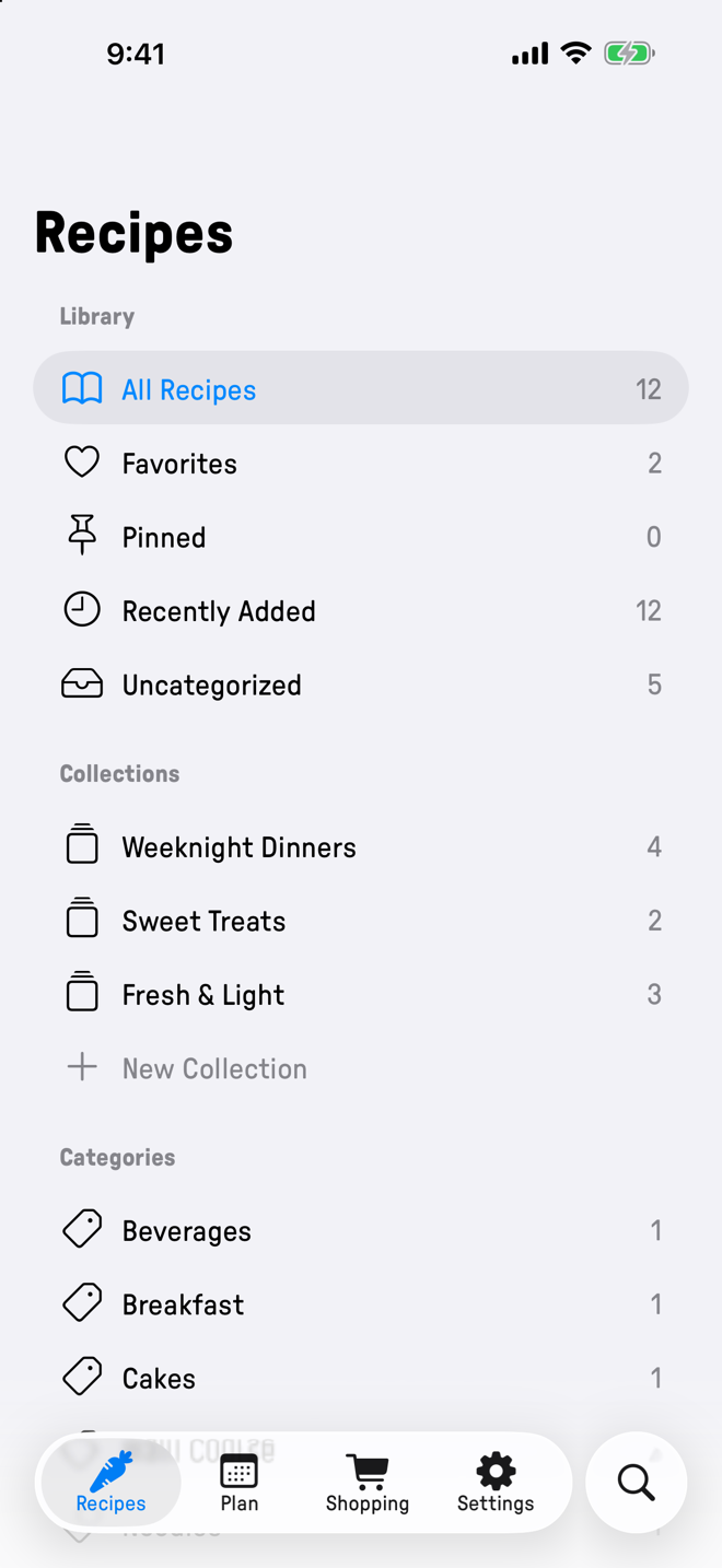 The Plate sidebar, showing recipe collections and categories.